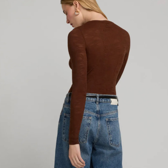 Rodebjer Brown Lace Mesh Top XS SMALL Sheer Bodycon Crewneck Shell Designer $85 - Picture 3 of 9